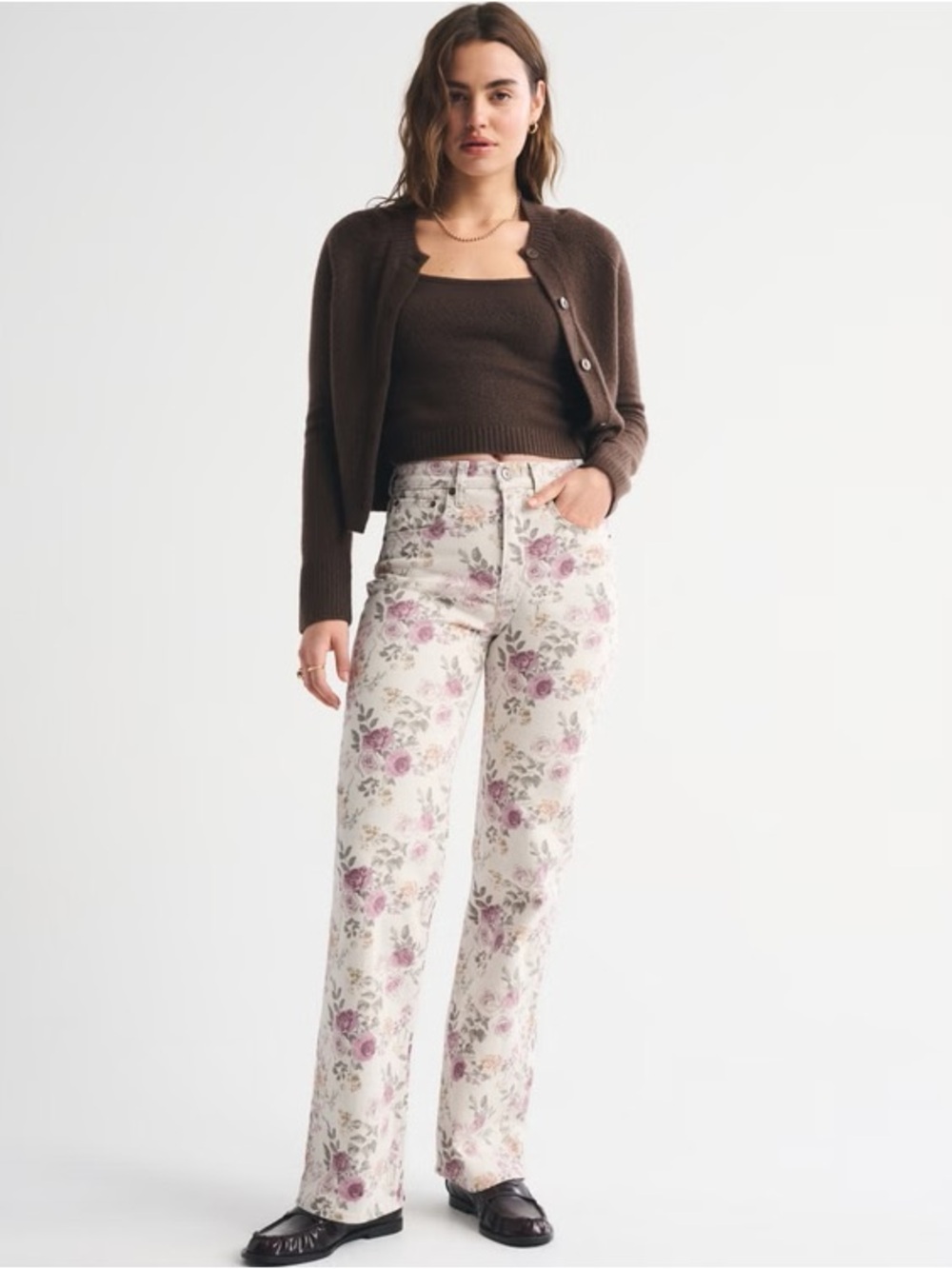 Abercrombie & Fitch Cream Floral Wide-Leg Jeans with Pink Roses